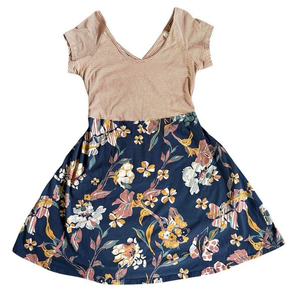 Women’s Pact Organic Navy Fit & Flare Floral Helena Dress Cross Back Size Large - Picture 1 of 5